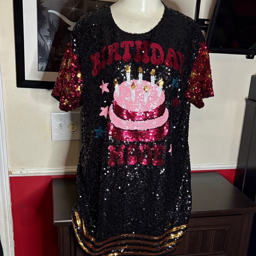 Simply Southern Black Sequin Mini Dress with Pink Cake Graphic - Picture 2 of 6
